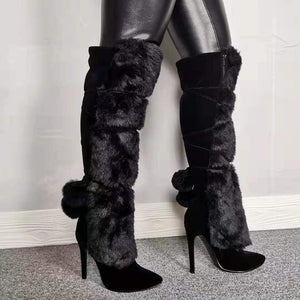 Women winter elegant pointed toe stiletto knee high snow boots