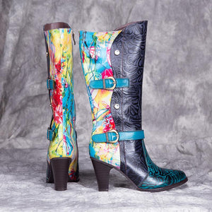 Women colorful printed leather block heel knee high boots