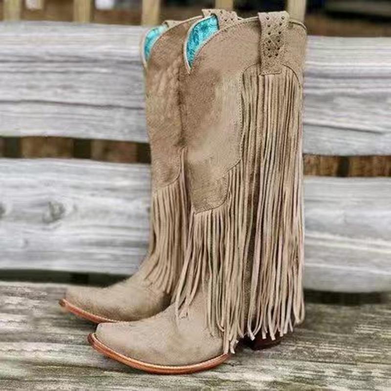Women's knee high fringe boots pointed toe retro cowboy boots with tassels