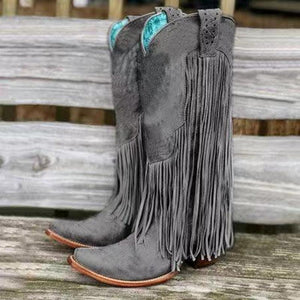 Women's knee high fringe boots pointed toe retro cowboy boots with tassels