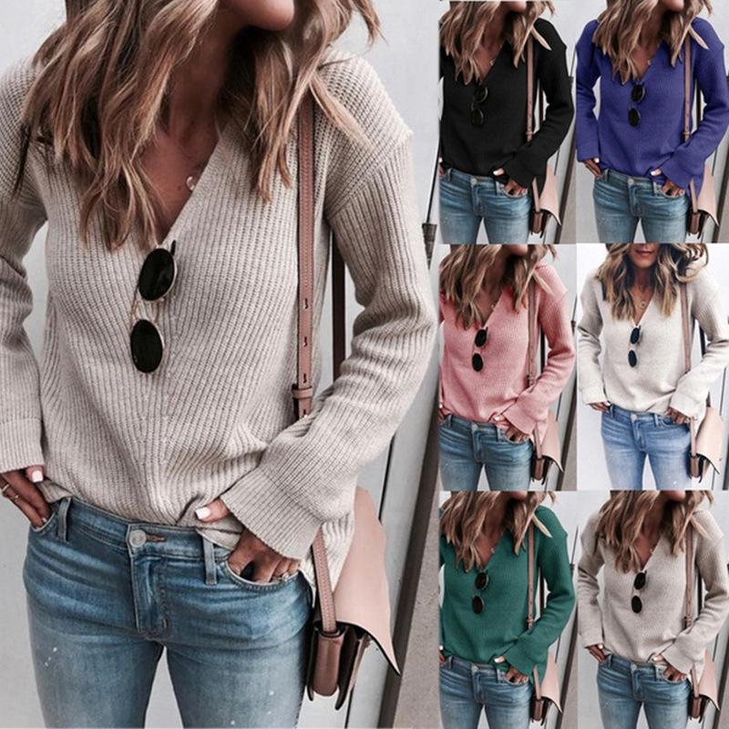 Women knit long sleeve pullover v neck sweater