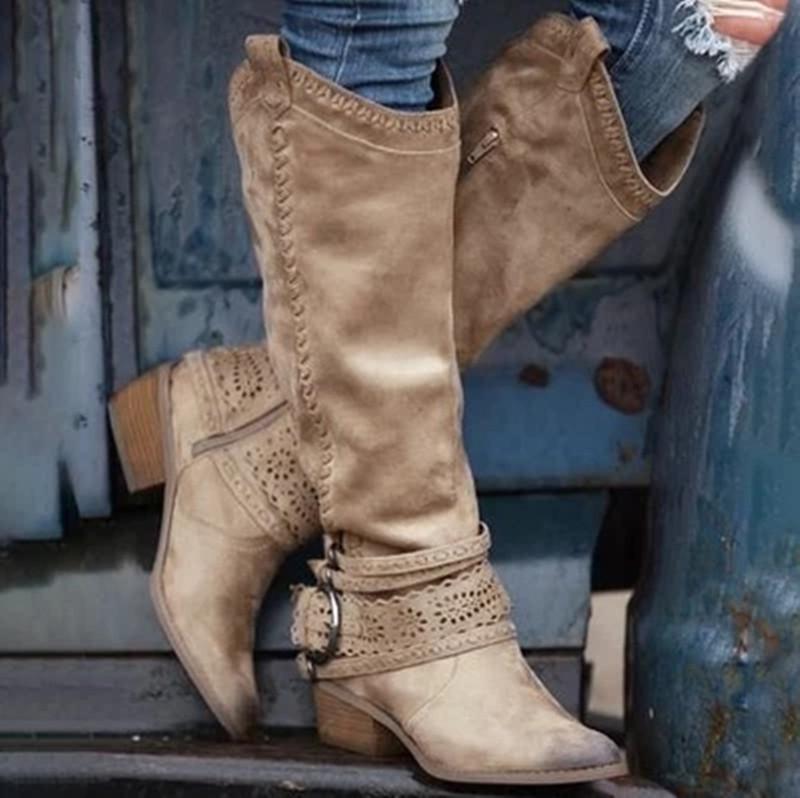 Women's knee high cowboy boots pointed toe square heel boots
