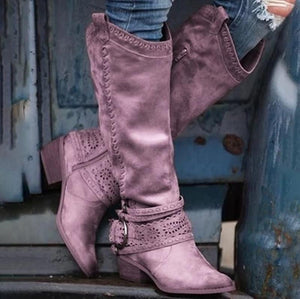 Women's knee high cowboy boots pointed toe square heel boots