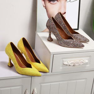Women glitter pointed toe chunky high heel prom heels
