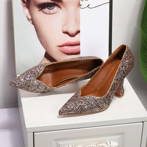 Women glitter pointed toe chunky high heel prom heels