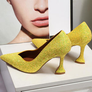 Women glitter pointed toe chunky high heel prom heels