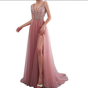 Sexy sequins lace patchwork v neck sleevesless floor-length dress | Bridesmaid dress evening gowns