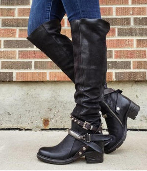 Womne's motorcycle boots Knee high buckle boots retro tall boots
