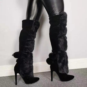Women winter elegant pointed toe stiletto knee high snow boots