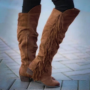 Women's knee high fringe boots suede long tassels boots