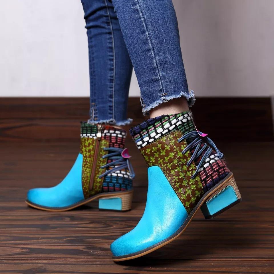 Women's vintage ethnic chunky block heel ankle boots knit cuff cotton lining boots