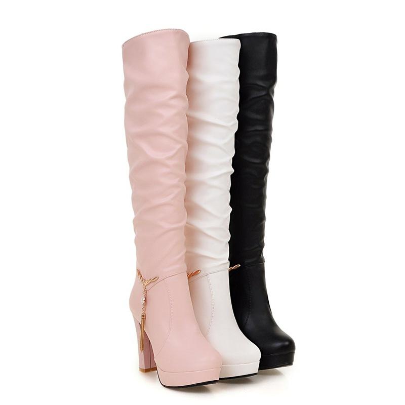 Women chunky high heel platform pendant slouch knee high boots