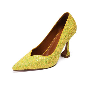 Women glitter pointed toe chunky high heel prom heels
