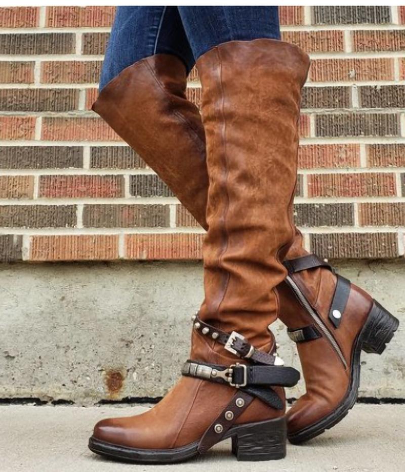 Womne's motorcycle boots Knee high buckle boots retro tall boots