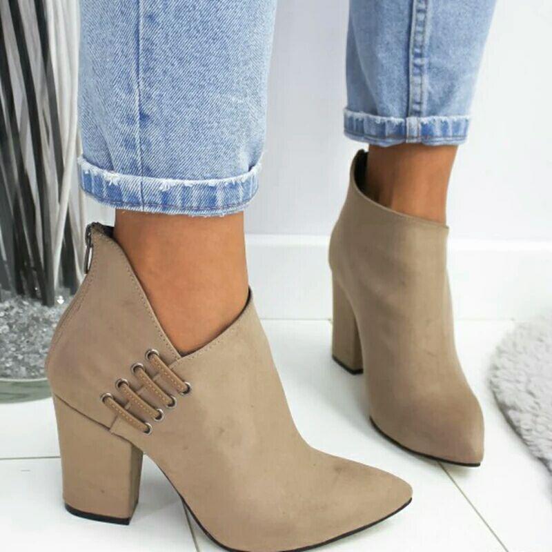 Pointed toe block heel womens fashion ankle boots