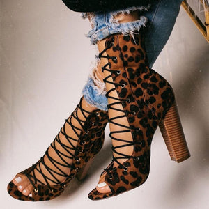 Women peep toe lace up strappy chunky heels