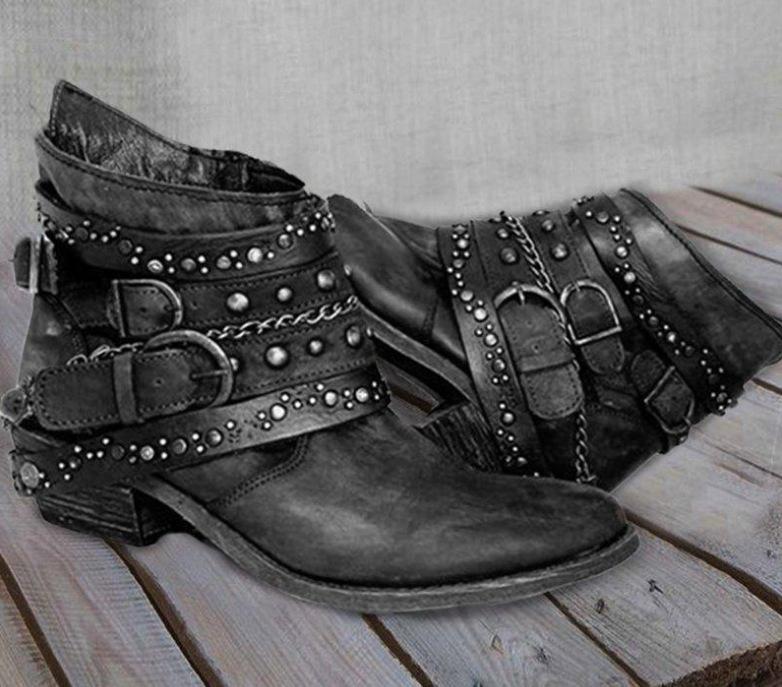 Retro buckle strap ankle boots women's motorcycle boots low block heel booties