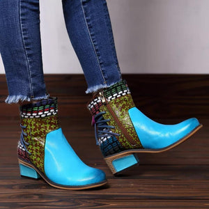Women's vintage ethnic chunky block heel ankle boots knit cuff cotton lining boots