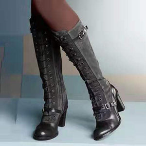 Knee high block heel boots Lolita tall boots retro knee high chunky boot with buckles