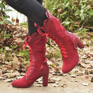 Women's ruffle trim mid calf boots heeled retro lace-up boots