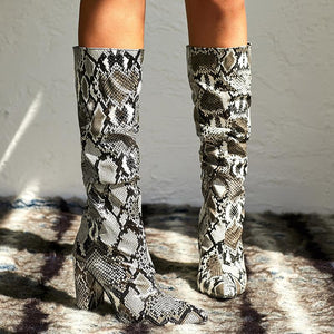New Fashion Chunky High Heel Pointed Toe Zipper Snakeskin Boots Women