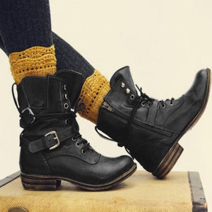 Women's retro buckle strap motorcycle boots lace-up short biker boots