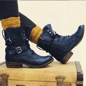 Women's retro buckle strap motorcycle boots lace-up short biker boots