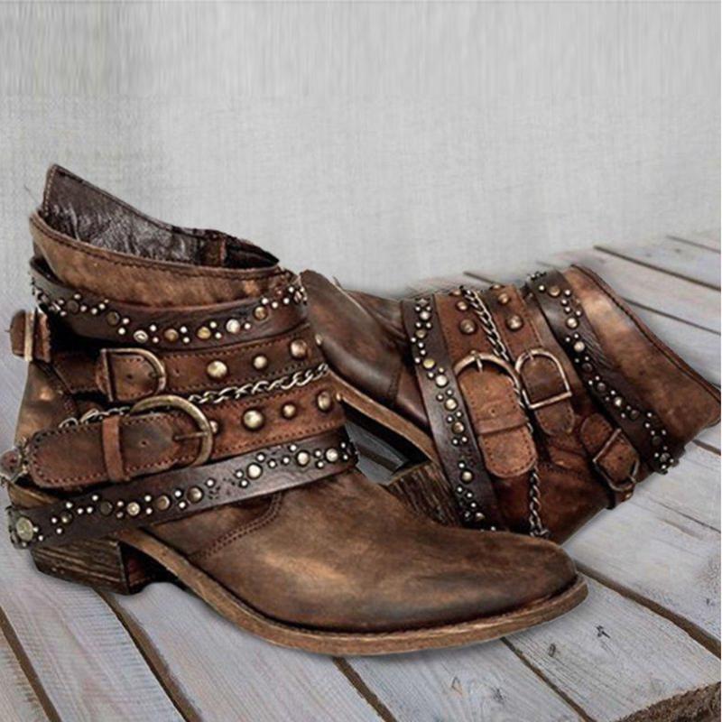 Retro buckle strap ankle boots women's motorcycle boots low block heel booties