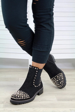 Women's ankle high black studded boots chunky chelsea boots