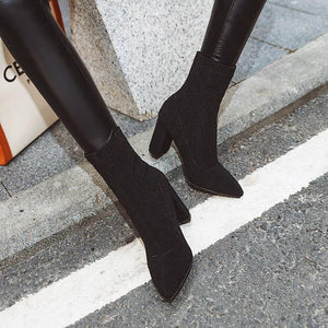 Women pointed toe elastic slip on chunky high heeled booties
