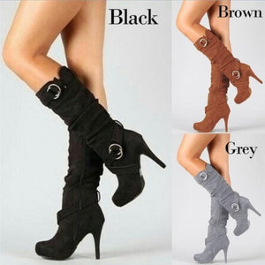 Women's stiletto high knee high boots  buckle strap heeled boots