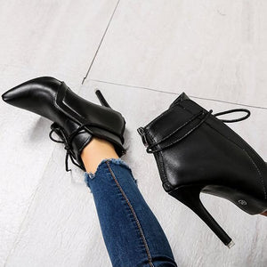 Women lace up pointed toe stiletto high heel boots