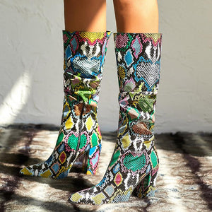 New Fashion Chunky High Heel Pointed Toe Zipper Snakeskin Boots Women