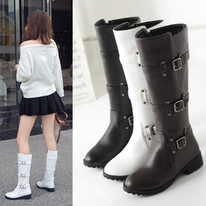 Women buckle straps side zipper chunky heel knee high motorcycle boots