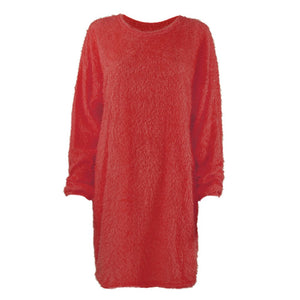 Women long dressy crew neck solid color fluffy sweater