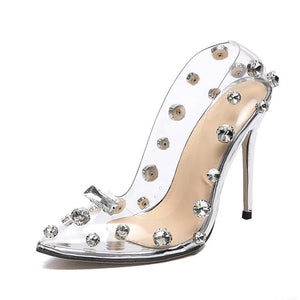 Women clear pointed toe stiletto silver studded wedding heels
