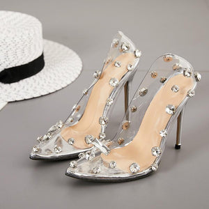 Women clear pointed toe stiletto silver studded wedding heels