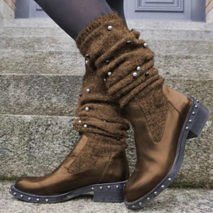 Women's mid calf knitted slouch snow boots winter warm vintage boots