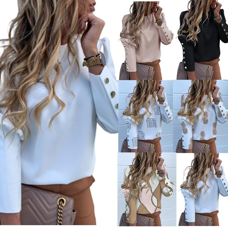 Women metal buttons long sleeve slim fit crew neck fashion tops