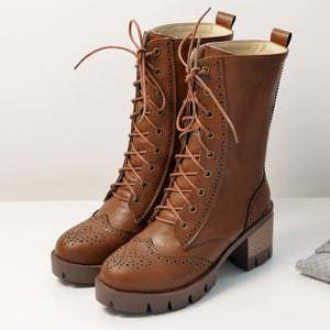 Women retro chunky heel platform lace up hollow mid calf boots