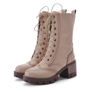 Women retro chunky heel platform lace up hollow mid calf boots