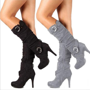 Women's stiletto high knee high boots  buckle strap heeled boots