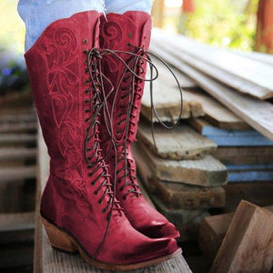 Women Retro Square Toe Chunky Heel Criss Cross Lace Up Knee High Boots