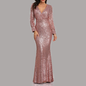 Sexy v neck sequins shinning memaid flare party dress | Fall winter long sleeves sheath maxi dress evening gowns
