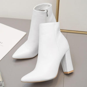 Women chunky high heel pointed toe ankle white boot