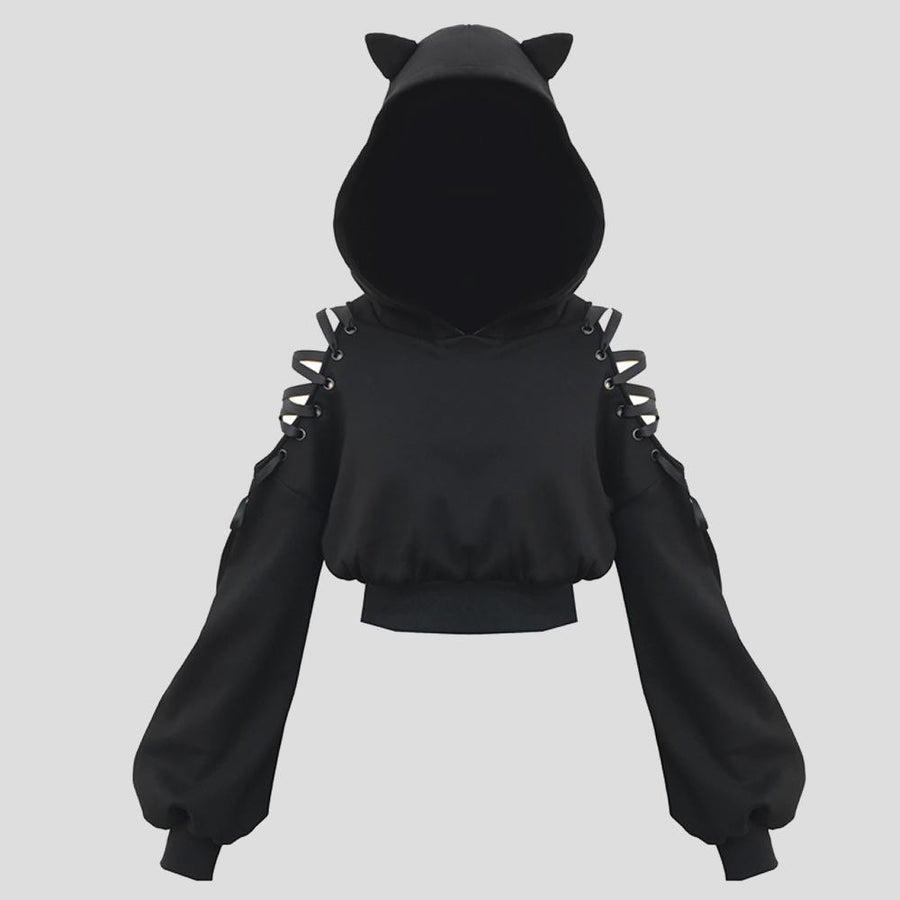 Women black pullover off shoulder cat ear cropped hoodie