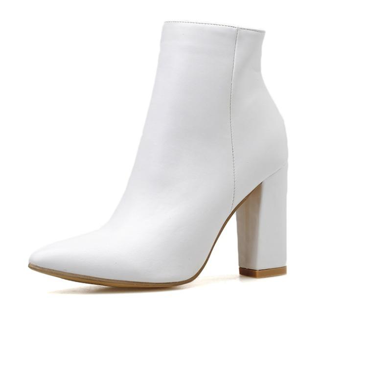 Women chunky high heel pointed toe ankle white boot