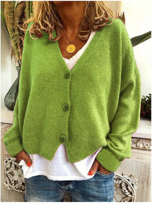 Women's v neck button up cardigan sweater knit solid color oversized sweater