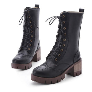 Women retro chunky heel platform lace up hollow mid calf boots