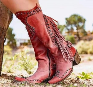 Women's rivets tassels knee high boots vintage studded fringe boots